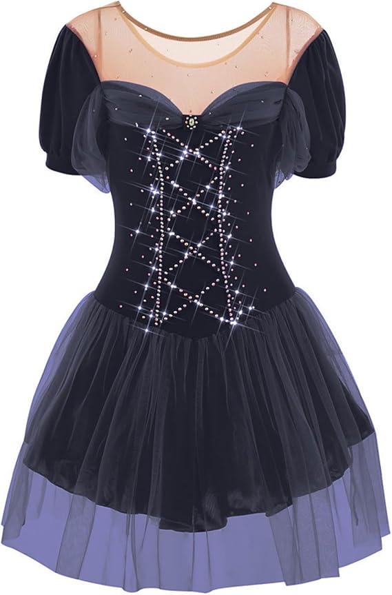 Teen Girls' Figure Skating Dress, Women's Short Sleeves High Elasticity Ice Skating Dress for Performance