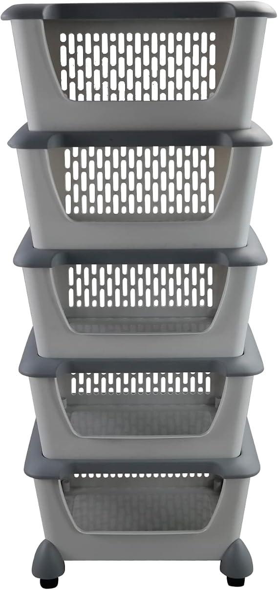 Cand 5-Pack Large Stackable Storage Bins, Plastic Stacking Baskets, Grey | For Fruit, Vegeable, Snacks, Toys