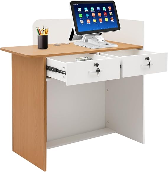 Small Reception Desk with LED Light, Modern Front Desk Reception Counter with Lockable Drawer, White Retail Checkout Counter for Clothing Store Lobby Beauty Salon (White+Oak Color, 39.4 Length)