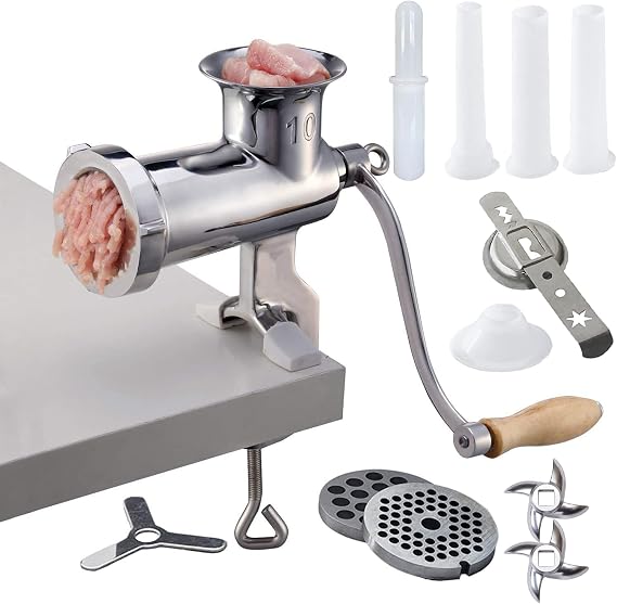 CAM2 304 Stainless Steel Heavy Duty Manual Meat Grinder #10 Clamp-on Hand Grinder With 420 Stainless Steel Blade (10#)