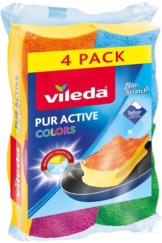 Vileda Pack of 3 + 1 Fibre with Sponge Scourers Colors