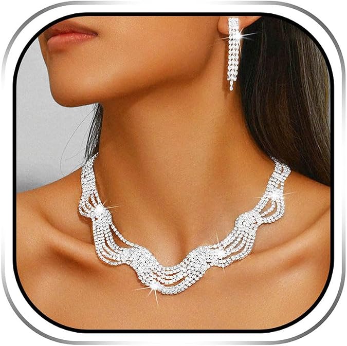 Sixexey Bridal Wedding Jewelry Set Rhinestone Necklace Earrings for Women