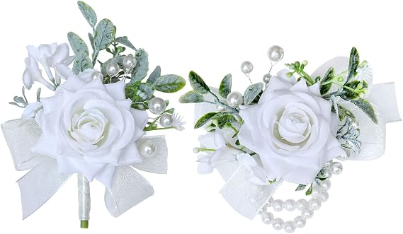 White Corsage and Boutonniere Set, Wedding Prom Party Wrist Corsage Double Pearl Bracelets Homecoming Men Boutonniere for Mother Grandmother Groom Bride Groomsmen Bridesmaids