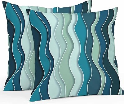 Vandarllin Outdoor Throw Pillows Covers 26x26 inch Set of 2 Waterproof Teal Waves Decorative Zippered Cushion Covers for Patio Furniture, Abstract Lines Lumbar Pillowcases