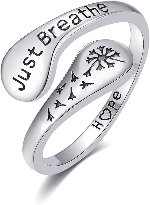 Breathe Ring Sterling Silver Just Breathe Lotus/Dandelion Rings for Women Hope Inspirational Rings Personality Encouragement Jewelry Gift for Women