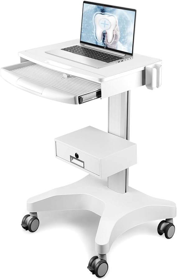 Kalolary Medical Trolley Cart with Laptop Tray & Oral Scanner Holder | Medical Laptop Workstation Trolley Cart Mobile Dental Clinic Cart on Wheels with Drawer Rolling Lab Carts for Dental Office