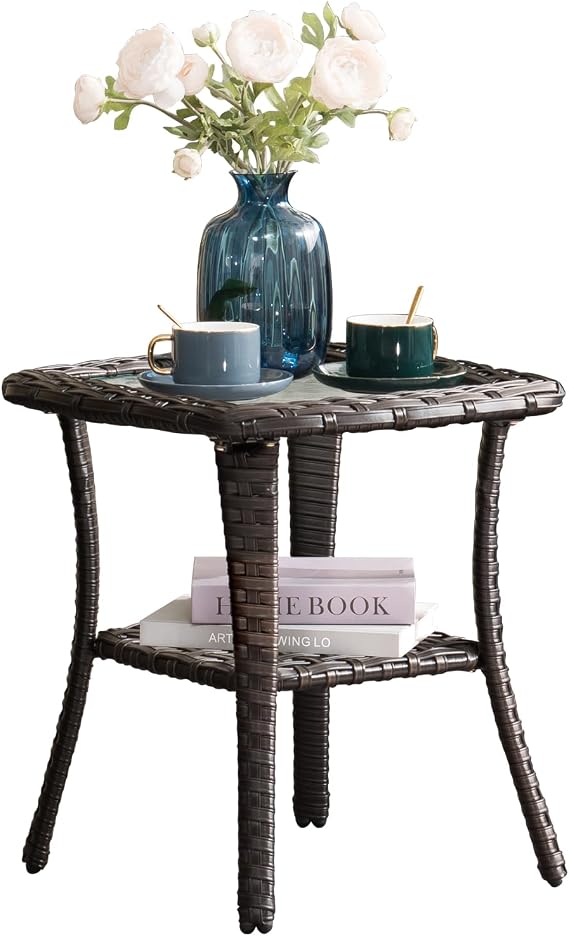 ovios Outdoor Side Table with Tempered Glass Top, Patio Wicker Rattan Bistro Coffee Tables with 2 Tiers Storage for Porch Deck Balcony Garden Poolside, Brown