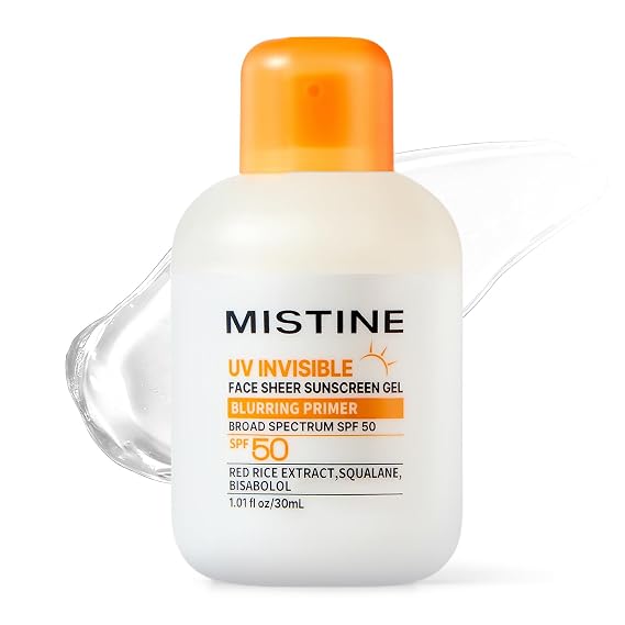 MISTINE Invisible Matte Finish Sunscreen Gel SPF 50, Makeup Primer 2-in-1, No White Cast, Lightweight Blurring Primer, Broad Spectrum for All Skin, Non Comedogenic, Men-friendly 1.01 fl oz/30mL