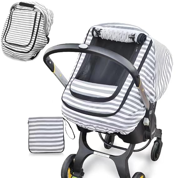 Car Seat Covers for Babies,Baby Car Seat Cover for Boys Girls,Windproof Infant Carseat Cover,Kick-Proof Car Seat Canopy with Breathable Mesh Peep Window,(Grey Stripe)