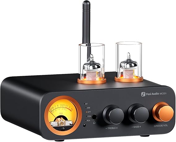 Fosi Audio MC331 Tubular Amplifier with DAC 2 Channel Home Stereo Audio Amplifier for HiFi Shelf Speakers/3.5 mm Headphones Retro VU Meter Preamp with Bluetooth and USB/Opt/Coax/RCA