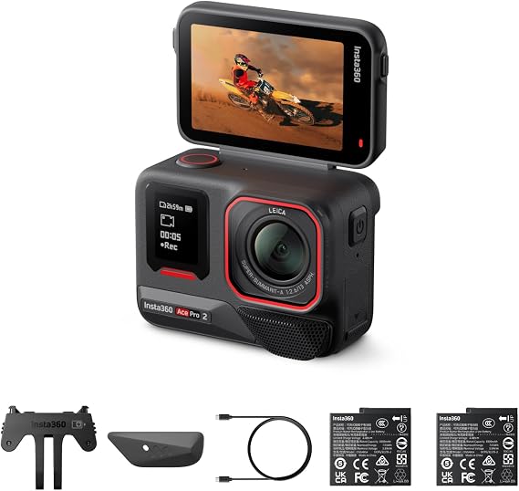 Insta360 Ace Pro 2 Çift Pil Paketi - Leica, 1/1.3 inç Sensör, Çift AI Chip, Lider Düşük Işık, Üstün Ses, Flip Screen ve Vlog'lar için AI Düzenleme ile Birlikte Tasarlanmış 8K Su Geçirmez Aksiyon