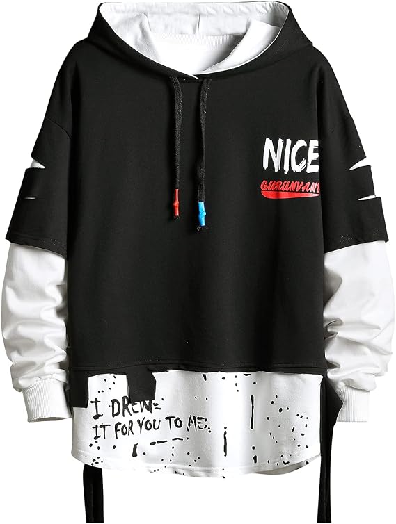 Men's Fashion Trends Hoodies Hip Hop Patchwork Sweater Hoodie Top (Black, Medium)