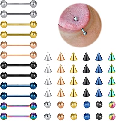 14G Mix-color Stainless Steel Tongue Barbell Nipple Rings Straight Barbell Tongue Piercing Bars 58 Length16mm With 5mm Replacement Balls