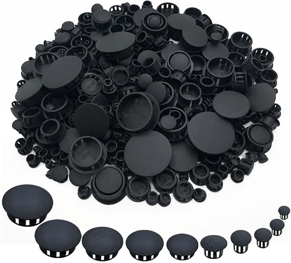 365Pcs 10 Sizes Plastic Hole Plugs Recessed Round Hole Plugs 3/16" 1/4" 5/16" 3/8" 1/2" 5/8" 3/4" 7/8" 1" 1 1/4" Snap-in Panel Lock Hole Plugs for Furniture Cabinet Hole Decorative Cover Caps (Black)
