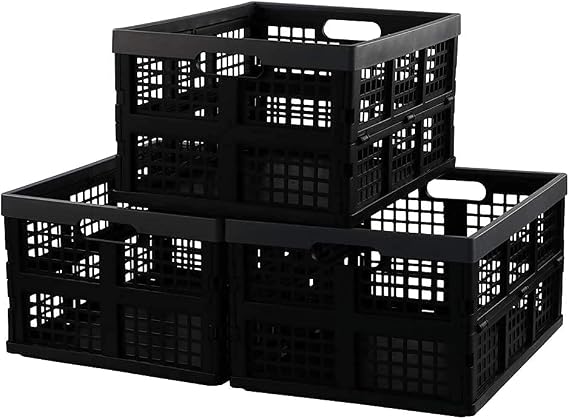 Collapsible Storage Crates, 3-Pack Foldable Storage Bins, 30L | Plastic Collapsible Storage Bins, Stackable, Space-Saving Folding Design, Black, for Home, Garage, Car, Pantry Organization
