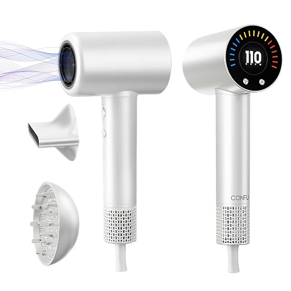 CONFU Hair Dryer, 110000 RPM Fast Drying Blow Dryer with Magnetic Diffuser and Concentrator, Professional Lightweight Ionic Hair Dryer for Women and Men White