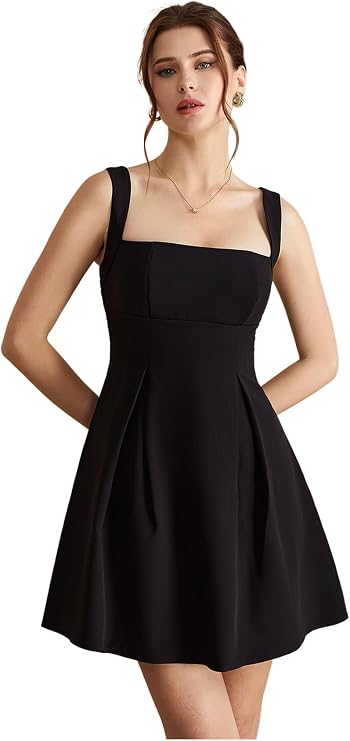 Women's Square Neck Sleeveless Flowy Mini Dress | Flared, High Waist, A Line, Elegant Style
