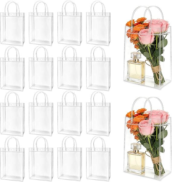 Zmpkhba 40 Pack Clear Plastic Gift Bags with Handles, 8.9 x 6.7 x 2.6 Inch | Reusable PVC Party Favor Bags, Transparent Shopping Bags Bulk for Merchandise, Retail, Boutique, Party