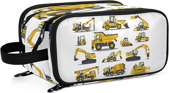 Yellow Construction Excavators, Tractors, Bulldozers, Trucks Women's Portable Makeup Bag with Handle, Cosmetic Bag, Travel Cosmetic Bag Durable Toiletry Storage Organizer 11 x 7 x 5.7 inch