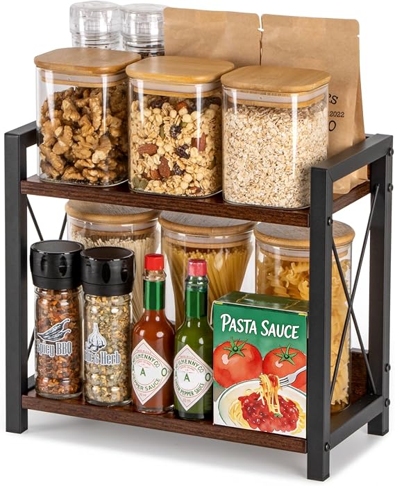 ANBOXIT Coffee Station Organizer, Wooden Kitchen Countertop Organizer, 2 Tier Small Spice Rack, Hot Chocolate Station Stand, Coffee Storage Shelf for Kitchen, Office, Home - Brown | Spice Rack