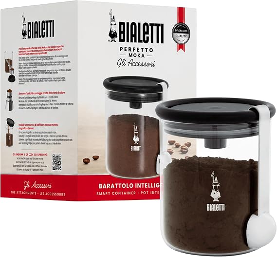 Bialetti - Kahve Saklama Kavanozu - 250gr - Silikon Contalı Hava Geçirmez Kapak - Paslanmaz Ölçü Kaşığı - Cam Kavanoz
