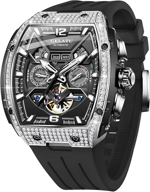OLEVS Mens Automatic Mechanical Watch Multi-Function Diamond Skeleton Luxury Sapphire Crystal 50M Waterproof Wrist Watch