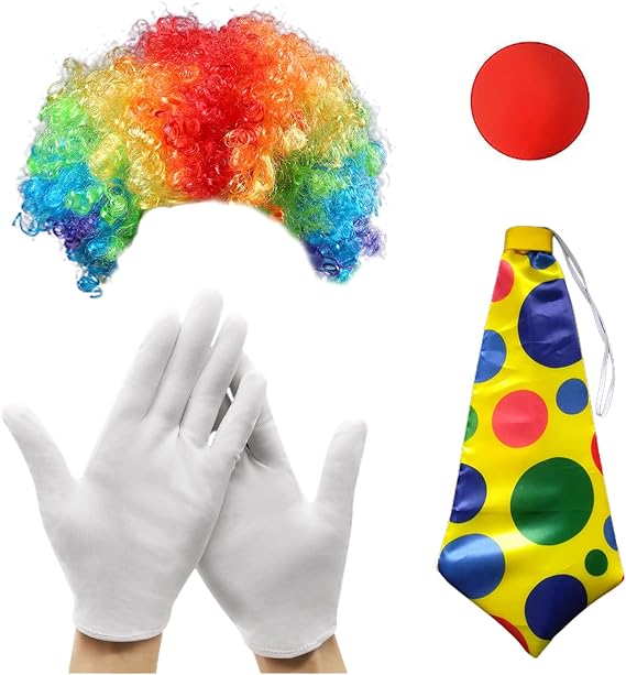MIVAIUN Clown Costume Set - Rainbow Wig, White Gloves, Nose, Tie (4 Pieces)