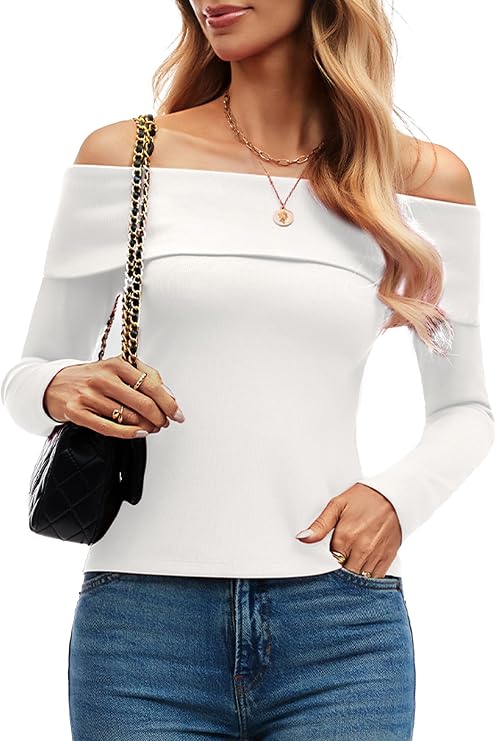 Womens Off Shoulder Long Sleeve Ribbed Tops Fitted Basic Shirts Soft Stretch Slim Going Out Tops