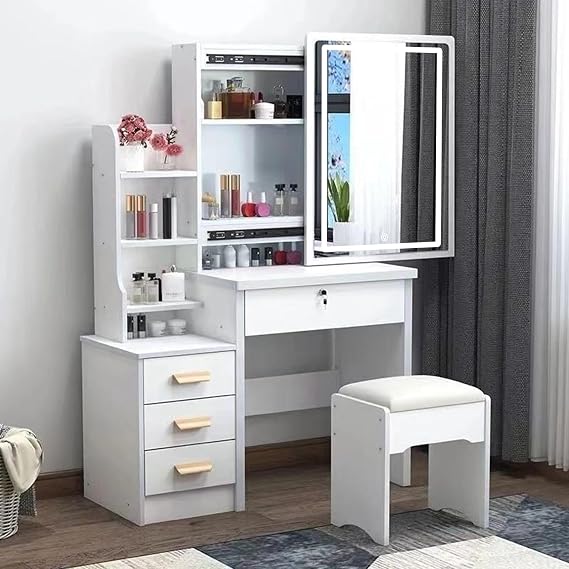 Dressing Table with Mirror and LED Lights,Vanity Table with Stool,Makeup Vanity with 4 Drawer & 6 Shelves,Makeup Table Vanity Desk Modern Bedroom Dressing Table,Adjustable Lighting Brightness (White)