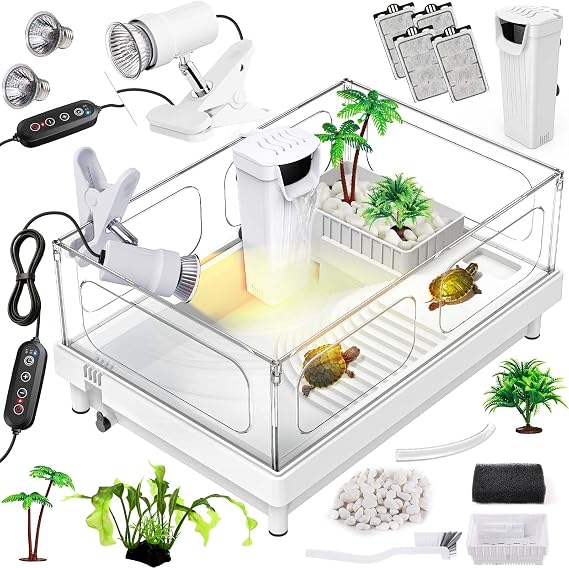 MoonOrange Small Turtle Tank Kit(Tank+Light+Filter), Acrylic Turtle Tank Starter Kit with Bask Platform, Bottom Drain, Multi-Function Area for Small Reptiles.(White)