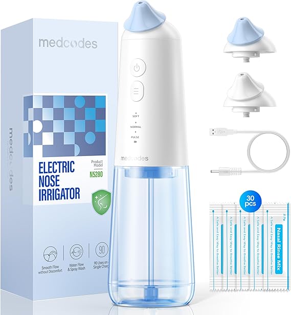 Dual Powered Nasal Irrigation System Nasal Rinse & Wash | Quick Relief of Nasal Discomfort with 30 Salt Packets, 2 Sets of Nose Pillows, Rechargeable, 2-Year Service Support