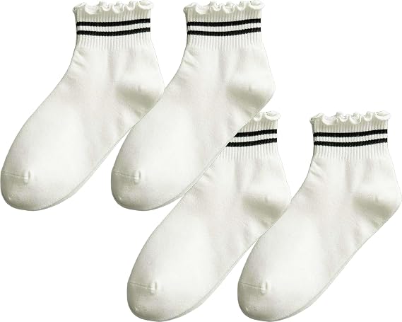 CHUNFO Womens Striped Ruffle Ribbed Crew Frilly Socks Cute Dot Athlete Ankle Cotton Casual Sock Size5-9