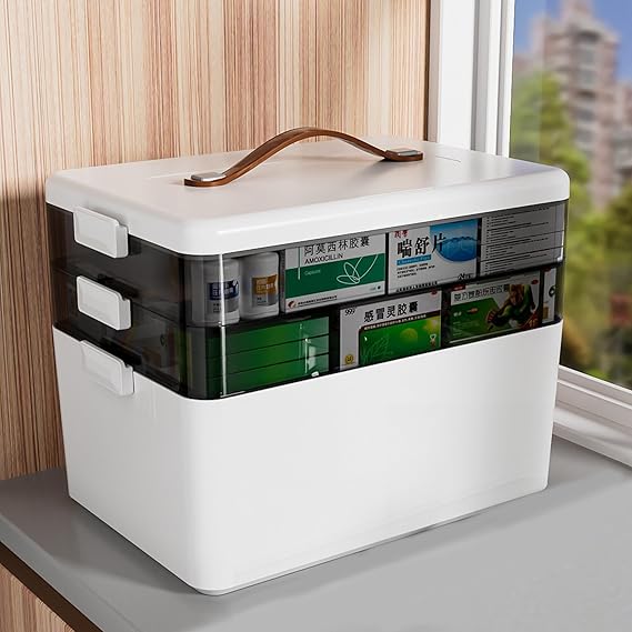 Large Medicine Storage Box, storage Box, Large First Aid Box Household Container For Medicine Storage, Multi Grid Medicine Box, Portable with Lid Medication Storage Box (3-Layer Extra Large)