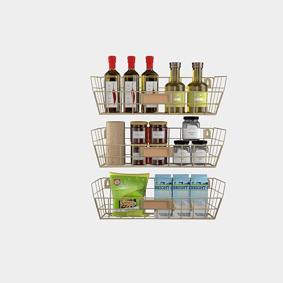 Wall Mounted Wire Basket Kitchen Storage Pantry Organizer Fruit Basket Varying Sizes Set of 3 (Golden Yellow)