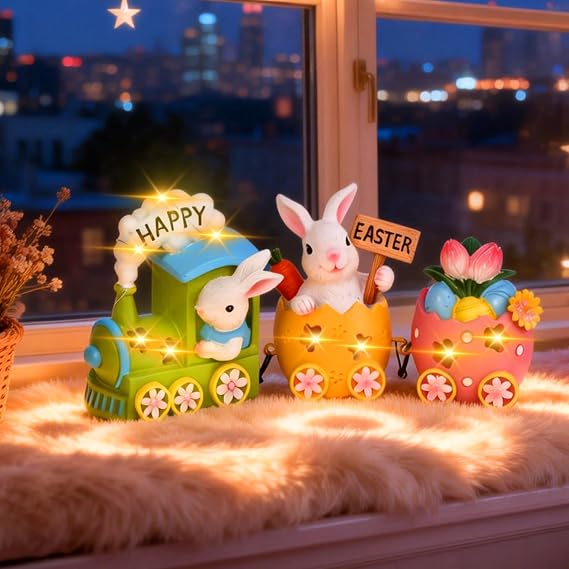 Easter Decorations for Home, Easter Bunny Train Decorations, Easter Bunny Figurines Table Centerpieceb, Home Rabbit Lighted Centerpieces Table, Spring Easter Party Tabletop Decorative Figurines