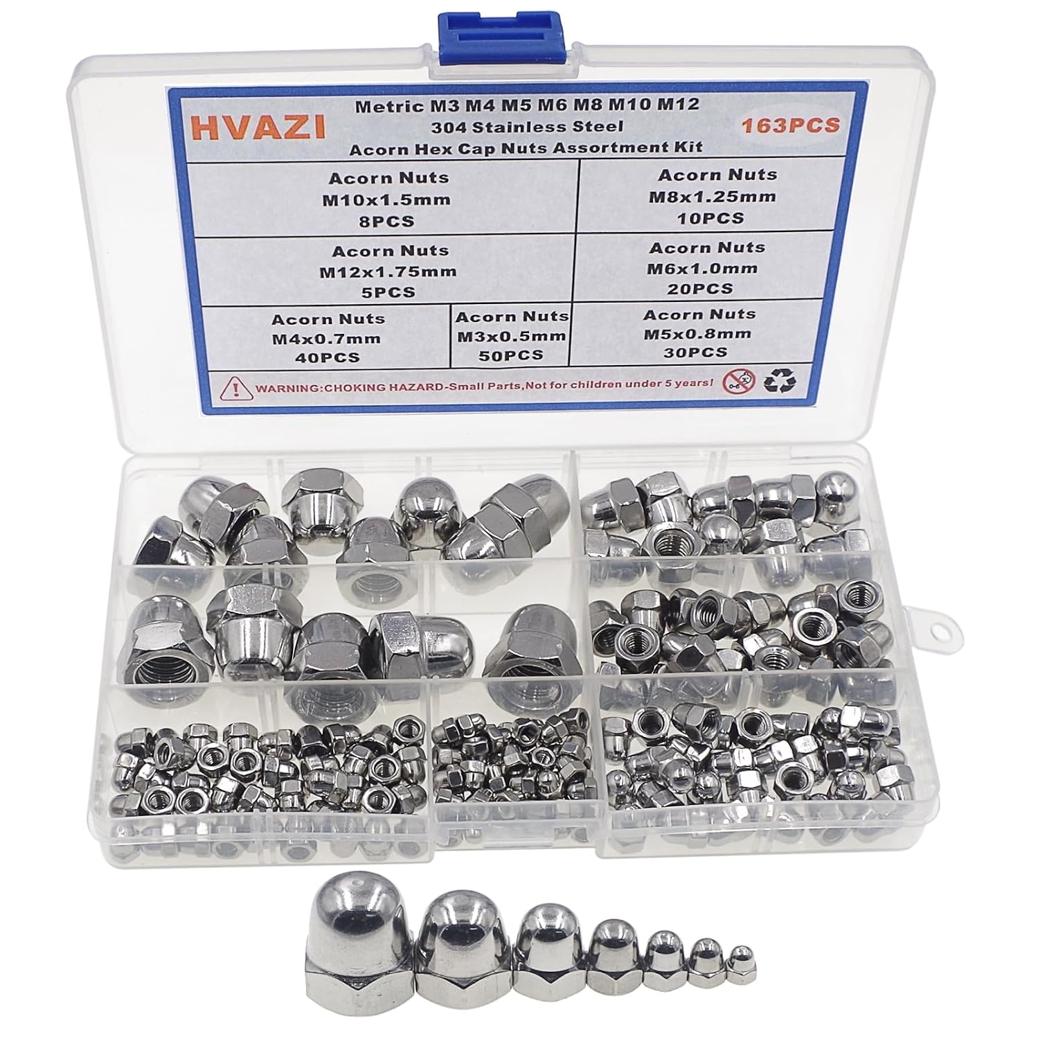 7 Sizes M3 to M12 Acorn Hex Cap Nuts Assortment Kit;304 Stainless Steel Metric Cap Nuts-M3 M4 M5 M6 M8 M10 M12 for Screws Bolts