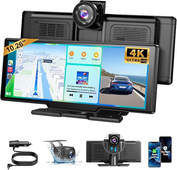 ESSGOO Wireless Carplay Screen for Car 10.26" Android Auto with 4K Dash Cam