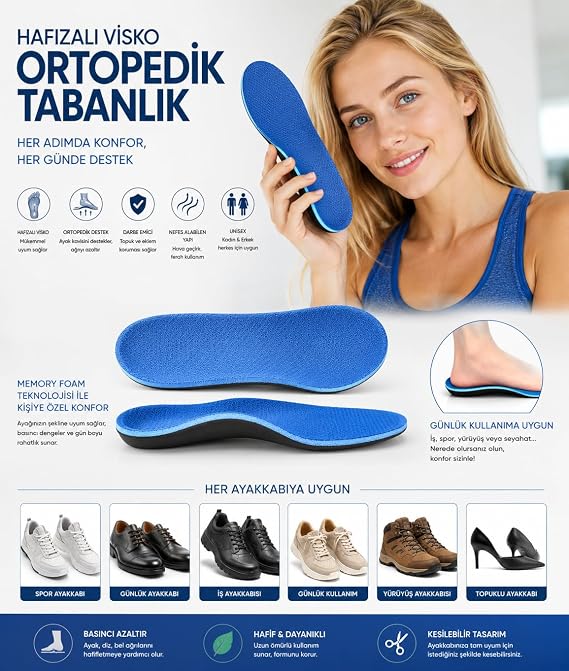 Hafızalı Visko Ortopedik Tabanlık, Memory Foam Teknoloji, İç Ayakkabı tabanı, Topuk dikeni, Rahat, Koşu tabanlığı, Konfor, Darbe emici (Mavi, 36-41)