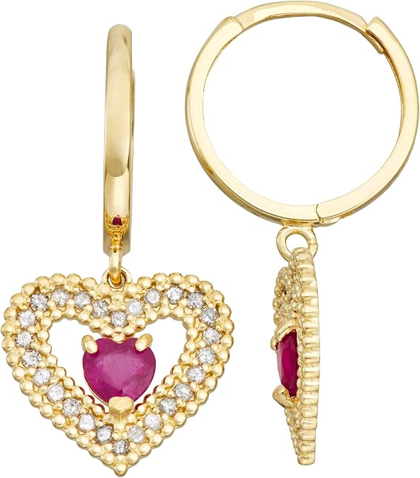 Tiara 10K Gold Ruby and .312 CTTW Diamond Heart Dangle Earrings