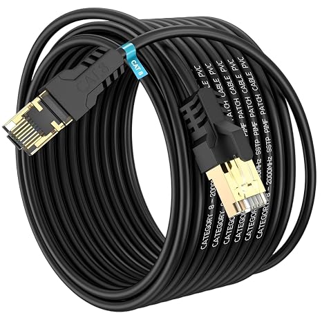 Cat 8 Ethernet Cable 20M, High Speed 40Gbps 2000Mhz Internet Cable, Lan Cable with Gold Plated RJ45 Connector,Weatherproof Outdoor&Indoor,for/PC/Modem/Router/Gaming, Faster Than Cat7/Cat6/Cat5