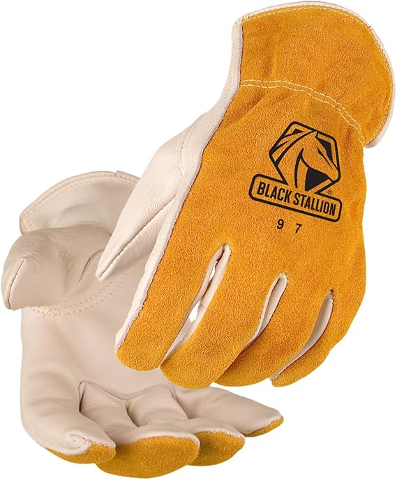 Black Stallion (97) Versatile Drivers Glove, Cowhide Palm, Split Cowhide Back, Ergonomic Keystone Thumb, Elastic Wrist Band