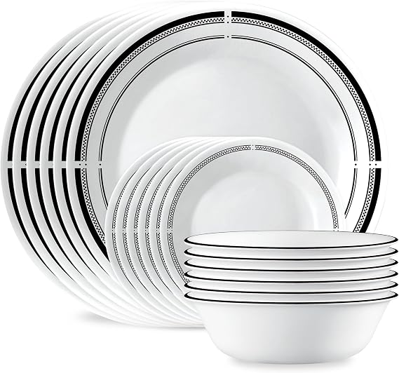 Corelle Round Dinnerware Set - 18-Piece for 6 People, Lightweight Round Plates and Bowls Set, Vitrelle 3-Layer Glass, Chip and Scratch Resistant, Microwave and Dishwasher Safe, Brasserie
