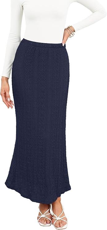 Herou Women's Lace Maxi Skirt Knitted Eyelet Mermaid Skirt with Lining