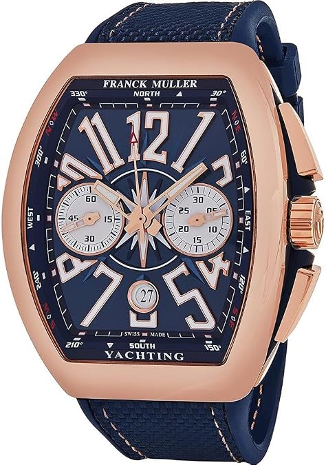 Franck Muller Vanguard Yachting Mens Rose Gold Automatic Chronograph Watch - Tonneau Analog Blue Face with Luminous Hands and Sapphire Crystal - Blue Rubber Band Swiss Made Automatic Watch for Men