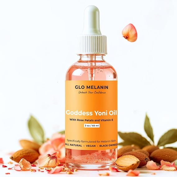 Glo Melanin Yoni Oil Wash for Women pH Balance and Wetness, Vaginal or Feminine Oil for Ingrown Hair with Rose Petals, Almond, Vitamin E Jojoba Oils Herbal Blend for Yoni Care (2 oz / 60ml)