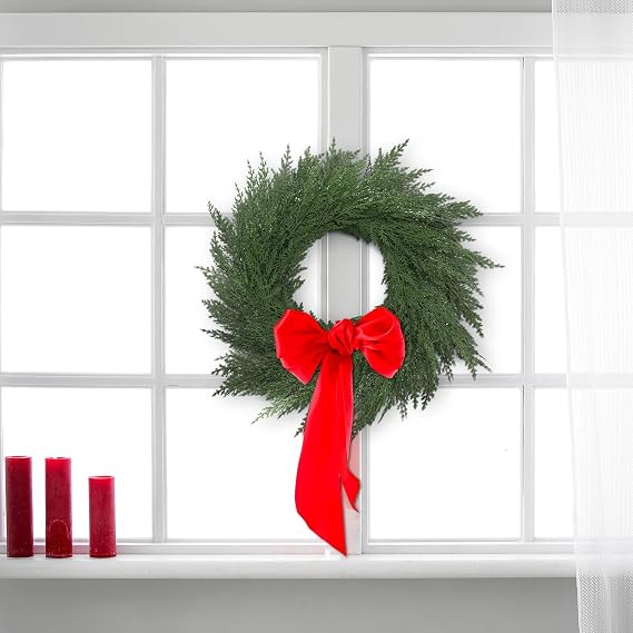 24 Inch Christmas Faux Cedar Wreath with Red Bow for Front Door