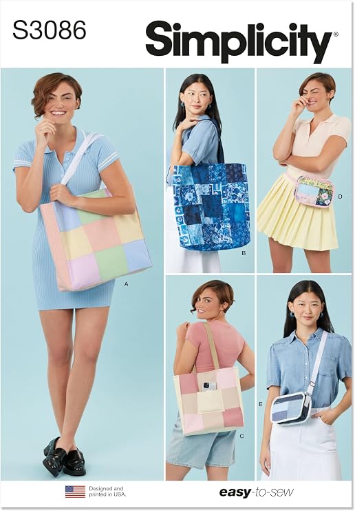Simplicity S3086 Easy-to-Make Lined Patchwork Bags Sewing Pattern, One Size