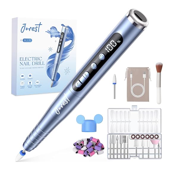 JOREST Electric Nail Drill Kit, 13 in 1 Rechargeable Nail File, 6-Speed Beginners Set, for Acrylic Gel Nails, Manicure & Pedicure Tool with Nail Drill Bits and Sanding Bands,Gifts for Women, Blue