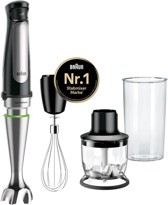 Braun MultiQuick 7 - Hand Blender with SplashControl Technology ActiveBlade System Precise Speed Control 350 ml Chopper Whisk 600 ml Cup 1000 W Black (MQ7025X)
