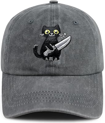 Black Cat with Knife Embroidered Baseball Cap Unisex Adjustable Strap, Casual Style